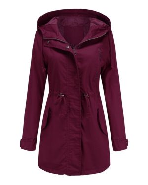 (burgundy, XL) Women's Trench Coat Cotton Solid Color Hooded Zipper Windproof Long Jacket Drawstring Outdoor Hiking Windcheater Spring Autumn Winter O
