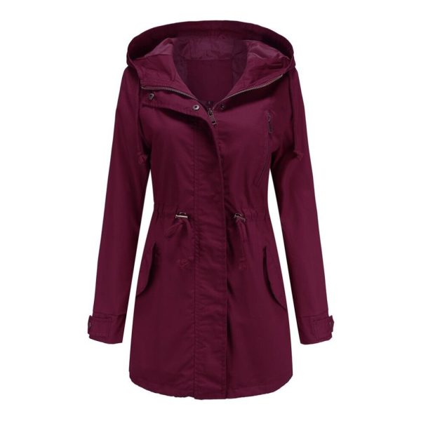 (burgundy, XL) Women's Trench Coat Cotton Solid Color Hooded Zipper Windproof Long Jacket Drawstring Outdoor Hiking Windcheater Spring Autumn Winter O