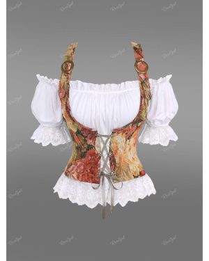 (coffee, 3XL) Rosegal Gothic Puff Sleeve Floral Mesh Trim Ruched Lace Up Buckle Off The Shoulder 2 in 1 Corset Top
