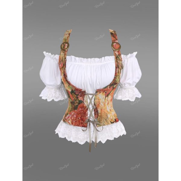 (coffee, 3XL) Rosegal Gothic Puff Sleeve Floral Mesh Trim Ruched Lace Up Buckle Off The Shoulder 2 in 1 Corset Top