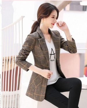 (coffee, 4XL) Women Spring Autumn Plaid Blazer Long Sleeve Slim Checked Coat Formal Jacket Office Suit Lady Outerwear
