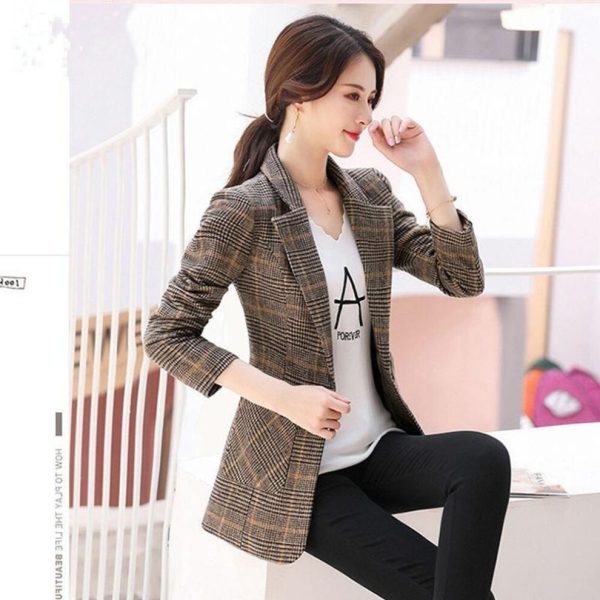 (coffee, 4XL) Women Spring Autumn Plaid Blazer Long Sleeve Slim Checked Coat Formal Jacket Office Suit Lady Outerwear