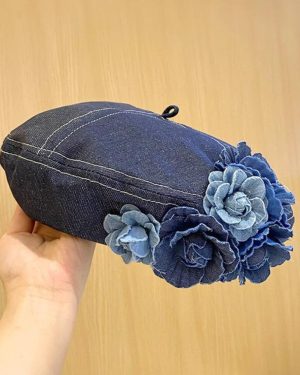 (dark blue) Fashion Blue Camellia Denim fabric Trendy Beret Painter Cap Woman Elegant Vintage Hats Hat