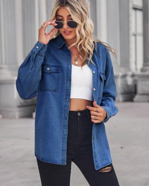 (dark blue, S) YYFS Women's Fashion Denim Autumn and Winter Long Sleeve POLO Neck Casual Lapel Top Jacket