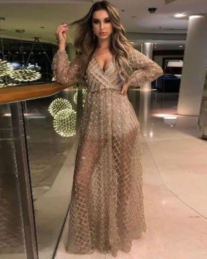 (gold, L) "2025 Summer European & American Women's Sexy V-Neck Backless Sequin Mesh Evening Long Dress"