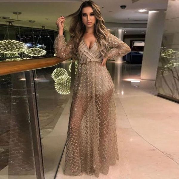 (gold, L) "2025 Summer European & American Women's Sexy V-Neck Backless Sequin Mesh Evening Long Dress"