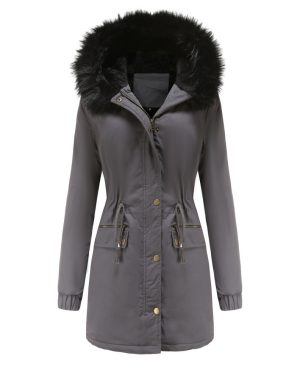 (gray, L) Womens Faux Fur Collar Hooded Jacket Winter Thicken Fleece Lined Parkas Coats Button Mid-Length Quilted Puffer Jacket