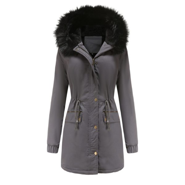 (gray, L) Womens Faux Fur Collar Hooded Jacket Winter Thicken Fleece Lined Parkas Coats Button Mid-Length Quilted Puffer Jacket