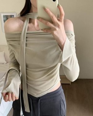 (gray,beige, L) Women's 2024 One-Shoulder Slim Long-Sleeve Top and Scarf Set - Spring/Autumn Edition