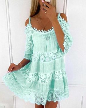 (green, 4XL) Sexy Off Shoulder Lace Dress Casual Loose Sweet Dress Summer Short Sleeve Camisole Solid Color O-neck Short Mini Dresses 26249