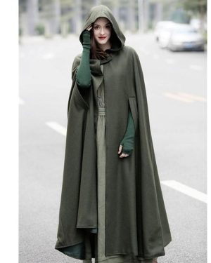 (green, M) Autumn Winter Gothic Trendy Maxi Hooded Wool Cloak Cardigan Coat Maxi Cashmere Hoodie Long Cape Costume Cosplay Outerwear
