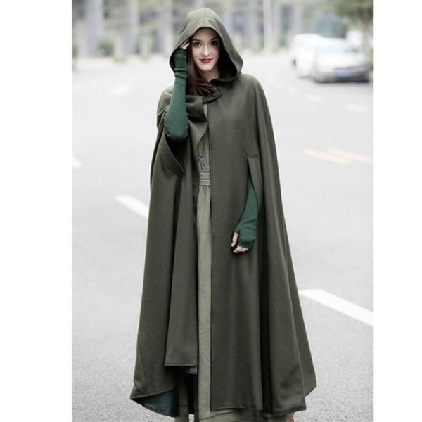 (green, M) Autumn Winter Gothic Trendy Maxi Hooded Wool Cloak Cardigan Coat Maxi Cashmere Hoodie Long Cape Costume Cosplay Outerwear