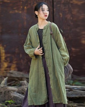 (green, One Size) Johnature Women Vintage Trench Stand Long Sleeve Solid Color Button Autumn Coats Loose Chinese Style Women Trench