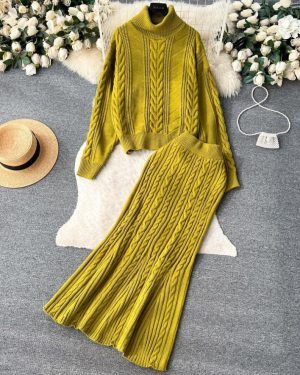 (green, One Size) Winter New Turtle Neck Long-sleeved Twisted Sweater + High Waist Mermaid Knit Skirt Women Vintage 2pcs Suit