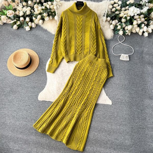 (green, One Size) Winter New Turtle Neck Long-sleeved Twisted Sweater + High Waist Mermaid Knit Skirt Women Vintage 2pcs Suit