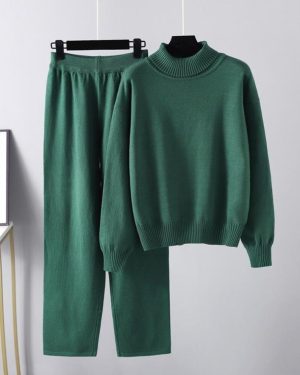 (green, OneSize) Autumn Winter Women High Neck Solid Color Versatile Outwear Knit Top Casual Pants Two Piece Set