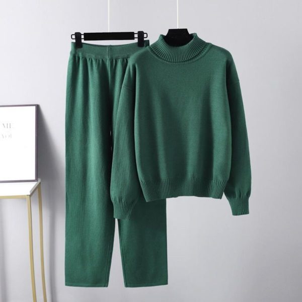 (green, OneSize) Autumn Winter Women High Neck Solid Color Versatile Outwear Knit Top Casual Pants Two Piece Set
