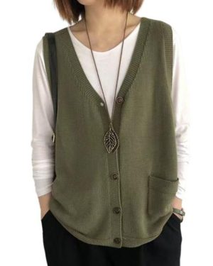 (green) Women Knitting Vest V-Neck Sleeveless Single Breasted Warm Waistcoat Solid Color Loose Fit Knitted Tank Tops with Pockets