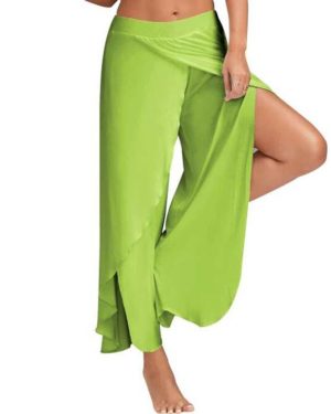 (green, XL) New Women Palazzo Boho Wide Leg Pants Loose Chiffon Skirt Flared Yoga Trousers Plus Size 5XL
