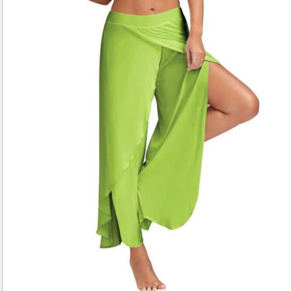 (green, XL) New Women Palazzo Boho Wide Leg Pants Loose Chiffon Skirt Flared Yoga Trousers Plus Size 5XL