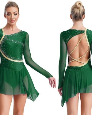 (green, XL) Rhinestone Lyrical Dance Costume Asymmetrical Tulle Skirted Leotard Figure Skating Dress Women Jazz Dancewear