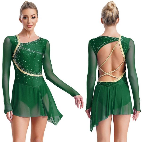 (green, XL) Rhinestone Lyrical Dance Costume Asymmetrical Tulle Skirted Leotard Figure Skating Dress Women Jazz Dancewear