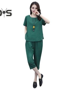 (green, XL) Women's Summer Two-Piece Set Casual Short Sleeves Top Cropped Pants Set Loose Loungewear Outfit for Home Party Office
