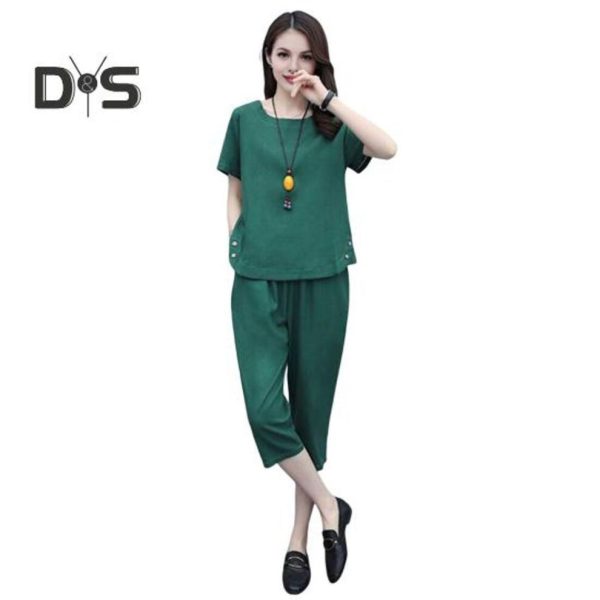 (green, XL) Women's Summer Two-Piece Set Casual Short Sleeves Top Cropped Pants Set Loose Loungewear Outfit for Home Party Office