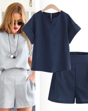 (grey, M) 2 Piece Set Crop Top+Pants Suit Aesthetic Summer Women Flax Casual Tracksuit Short Trousers Outfit Sports Suit Oversize