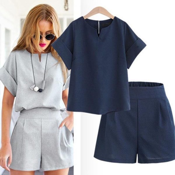 (grey, M) 2 Piece Set Crop Top+Pants Suit Aesthetic Summer Women Flax Casual Tracksuit Short Trousers Outfit Sports Suit Oversize