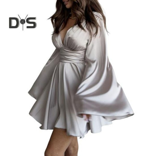 (grey, M) Women's Satin Mini Dress Flared Long Sleeve Deep V-Neck Short Dress A-line High Waisted Flowy Dress for Club Cocktail Party