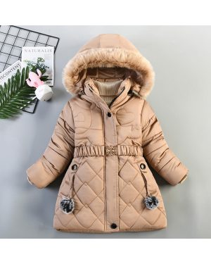 (khaki, 110(3-4)) Winter Sherpa Coat Snowsuit Toddler Warm Fleece Puffer Down Parka Jacket with Faux Fur Hood Pompom
