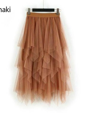 (khaki) Top Quality Women Ruffles Fashion Asymmetrical High Long Waist Mesh Tutu Tulle Midi Skirt White Pink Women