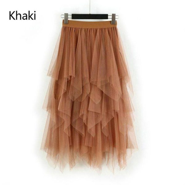 (khaki) Top Quality Women Ruffles Fashion Asymmetrical High Long Waist Mesh Tutu Tulle Midi Skirt White Pink Women
