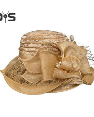 (khaki) Women Fisherman Hat Organza Lace Bow Faux Pearl Feather Decor Vintage Royal Style Flat Top Anti-UV Sun Protection Prom Party Formal Occasion C