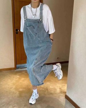(light blue, M) Women's Fashion Casual Loose Long Denim Overalls Skirt