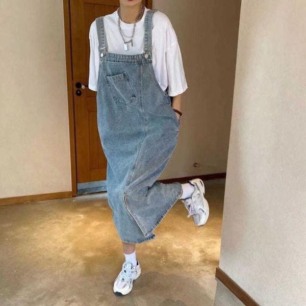 (light blue, M) Women's Fashion Casual Loose Long Denim Overalls Skirt