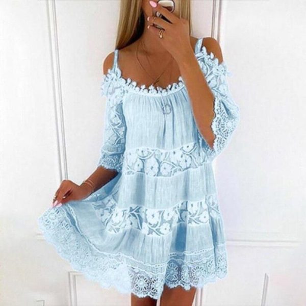 (light blue, XL) Sexy Off Shoulder Lace Dress Casual Loose Sweet Dress Summer Short Sleeve Camisole Solid Color O-neck Short Mini Dresses 26249