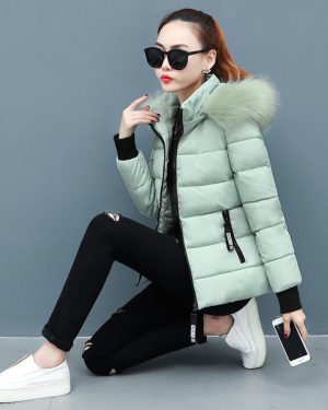 (light green, 3XL) Winter New Short Cotton Coat Slim Fit Thickened Large Wool Collar Cotton Coat Down Jackets