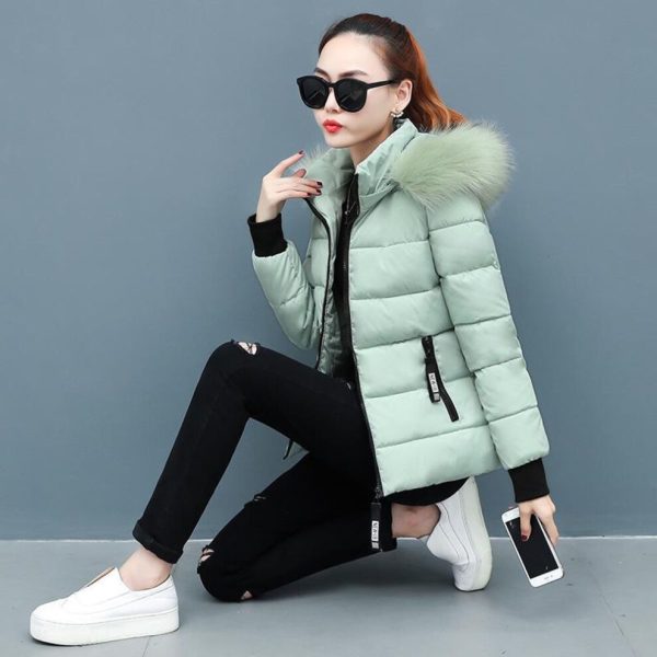(light green, 3XL) Winter New Short Cotton Coat Slim Fit Thickened Large Wool Collar Cotton Coat Down Jackets