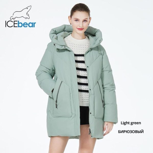 (light green, 46) ICEbear 2023 new women's winter puffer jacket mid-length casual hooded windproof cotton coat brand clothing GWD3922I