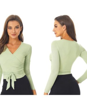 (light green, M) Women Solid Color Wrap Jacket Ballet Jacket Bolero Long Sleeve Wrap Top Dancewear for Gym Yoga Ballet Modern Dance
