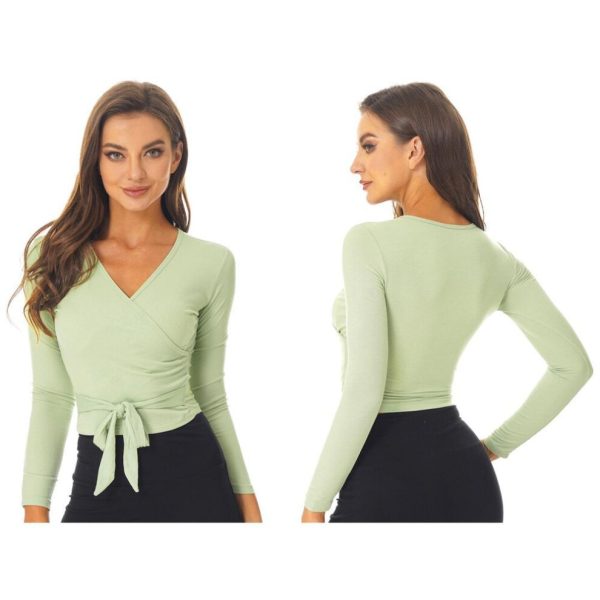 (light green, M) Women Solid Color Wrap Jacket Ballet Jacket Bolero Long Sleeve Wrap Top Dancewear for Gym Yoga Ballet Modern Dance