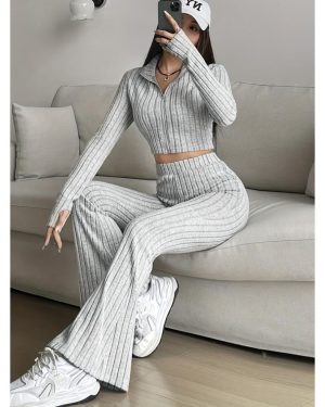 (light grey, Extra Large) Women's Casual Ribbed Solid Color Two-Piece Set: Zipper Long Sleeve Cropped Top & High Waist Flared Pants