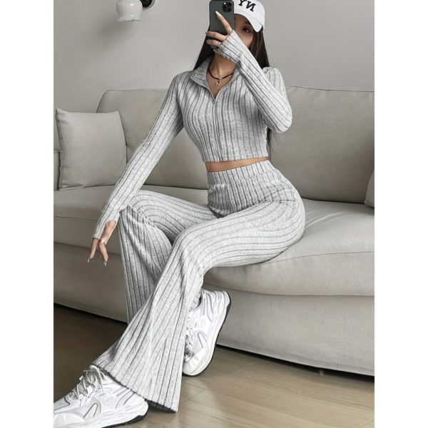(light grey, Extra Large) Women's Casual Ribbed Solid Color Two-Piece Set: Zipper Long Sleeve Cropped Top & High Waist Flared Pants