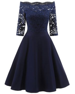 (navy blue, XL) Women Vintage Swing Dress Floral Lace Bodice Off Shoulder Bardot Sheer 3/4 Sleeve Fit and Flare Cocktail Evening Party Going Out Wear