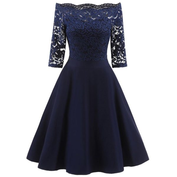 (navy blue, XL) Women Vintage Swing Dress Floral Lace Bodice Off Shoulder Bardot Sheer 3/4 Sleeve Fit and Flare Cocktail Evening Party Going Out Wear