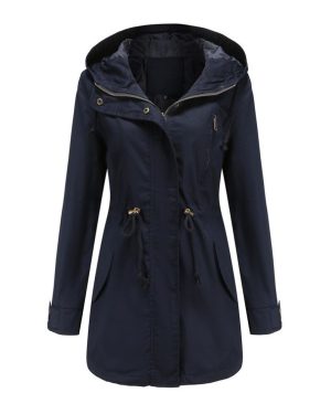 (navy blue, XL) Women's Trench Coat Cotton Solid Color Hooded Zipper Windproof Long Jacket Drawstring Outdoor Hiking Windcheater Spring Autumn Winter