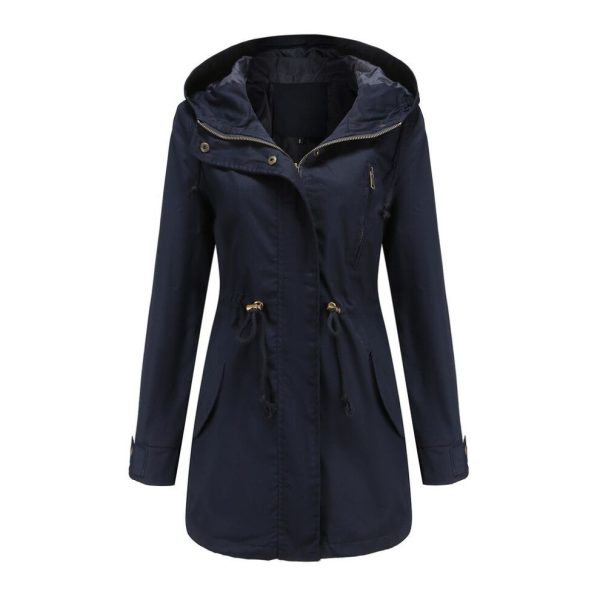 (navy blue, XL) Women's Trench Coat Cotton Solid Color Hooded Zipper Windproof Long Jacket Drawstring Outdoor Hiking Windcheater Spring Autumn Winter