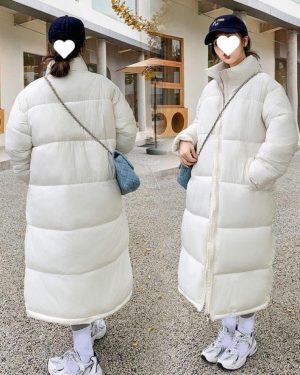 (off white, M) Winter Long Parkas Jacket Women Casual Thick Down Cotton Puffer Coat Windproof Warm Quilted Outwear Loose Standing Collar Cotton Jacket